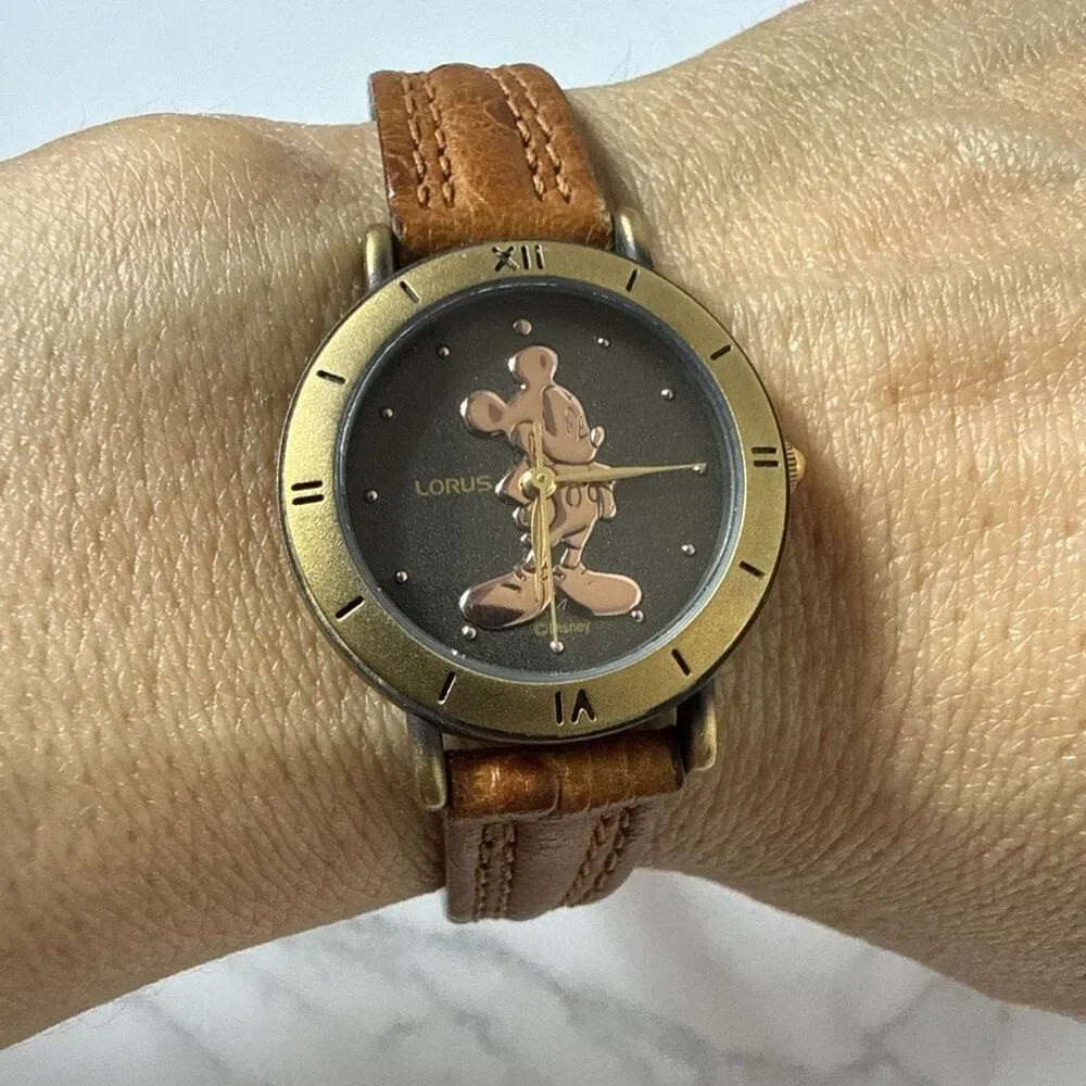 Lorus Mickey Mouse Watch Rose Gold Silhouette Ladies Brown Leather Disney Japan